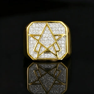 Front closeup view of RDRIP JEWELRY star of david hexagram iced cubic zirconia gold plated signet ring, square octagonal ring face fully micro paved with sparkling cz stones, hip hop mens bling jewelry shot on glossy black reflective background with clear mirror reflection
