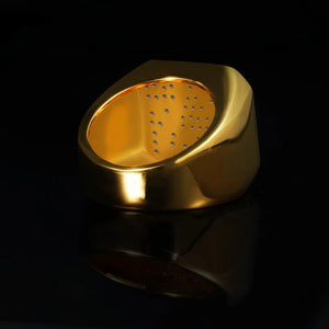 Back inner view of RDRIP JEWELRY star of david hexagram iced cubic zirconia gold plated mens signet ring, showing smooth polished gold inner band with stone cushion layout, heavy wide band hip hop ring product shot on glossy black reflective background
