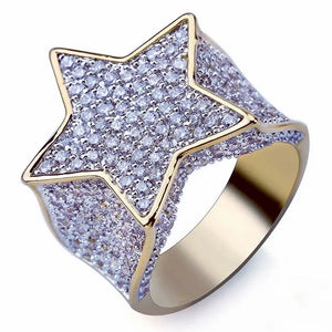 Three quarter angled view of gold plated iced out pentagram wide band men hip hop ring fully covered with micro paved cubic zirconia stones, premium icy star bling statement jewelry ideal for rap culture streetwear style RDRIP JEWELRY
