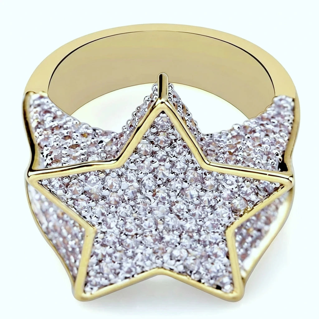 Top down closeup view of gold plated iced out pentagram wide band mens hip hop ring fully encrusted with micro paved cubic zirconia stones, detailed shot of 3D star icy bling statement jewelry for hiphop street fashion RDRIP JEWELRY
