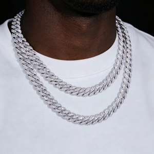 Shop our 10mm Full Iced Out Cuban Link Chain in 18K White Gold Plated, fully set with flawless VVS simulated diamonds. Handcrafted hip hop men necklace, available in 18/20/22 inch lengths. Lifetime warranty & free shipping on all orders.
