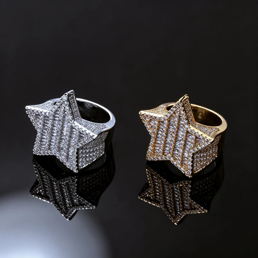 Two‑piece set of men heavy 3D micro‑pave pentagram star iced out rings, 18k gold plated and silver tone finishes, densely hand‑inlaid baguette cut and round cut AAA cubic zirconia stones, bulky hip‑hop rapper statement jewelry, both gold and silver color variants displayed side‑by‑side on black glossy reflective surface, luxury urban bling rings for men, RDRIP JEWELRY
