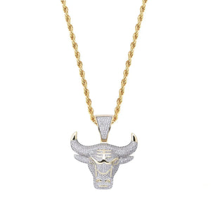 Complete mens hip hop necklace set, two tone 18k gold plated iced out bull head pendant paired with gold twist rope chain, full micro paved sparkling cubic zirconia stones, clean white background studio shot icy ox charm jewelry RDRIP JEWELRY SINCE 2016
