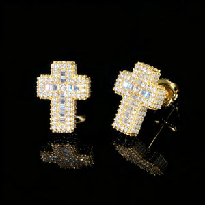 VVS1 Moissanite Baguette Cross Stud Earrings, 14k gold plated iced out cross screw back earrings for men, full pave round and baguette cut moissanite stones, sparkling hip hop luxury cross studs, brilliant shine moissanite men fashion jewelry, RDRIP JEWELRY
