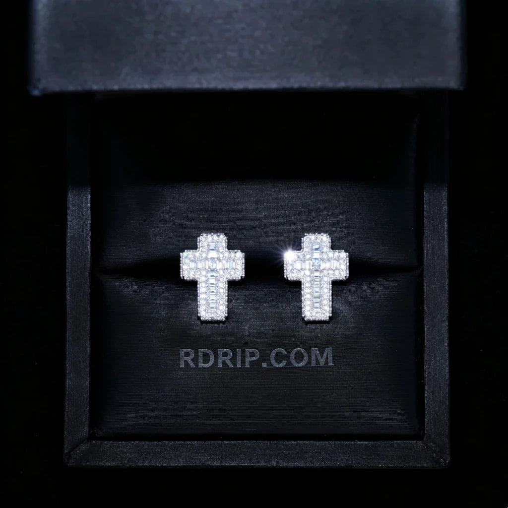 VVS1 Moissanite Baguette Cross Stud Earrings presented in black jewelry gift box, iced out full pave mixed baguette and round moissanite cross earrings, secure screw back setting, 925 sterling silver white gold plated unisex hip hop jewelry RDRIP JEWELRY
