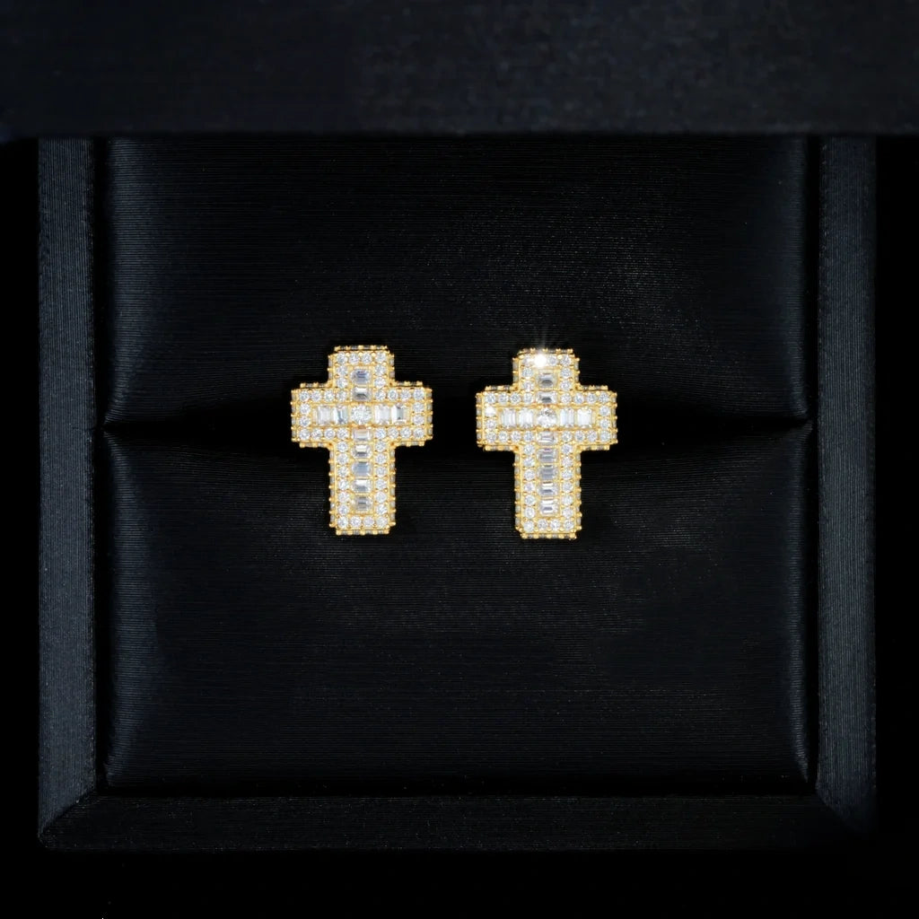 VVS1 Moissanite Baguette Cross Stud Earrings displayed inside black luxury jewelry gift box, 14k gold plated men iced‑out cross screw back studs, pave set baguette and round VVS1 moissanite stones, bling hip‑hop fashion men earrings, premium gift‑ready cross jewelry, RDRIP JEWELRY
