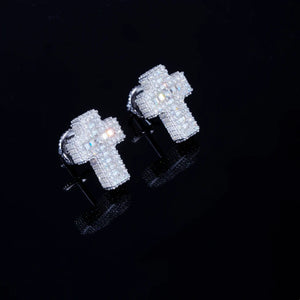 VVS1 Moissanite Baguette Cross Stud Earrings displayed inside black luxury jewelry gift box, 14k gold plated men iced‑out cross screw back studs, pave set baguette and round VVS1 moissanite stones, bling hip‑hop fashion men earrings, premium gift‑ready cross jewelry, RDRIP JEWELRY
