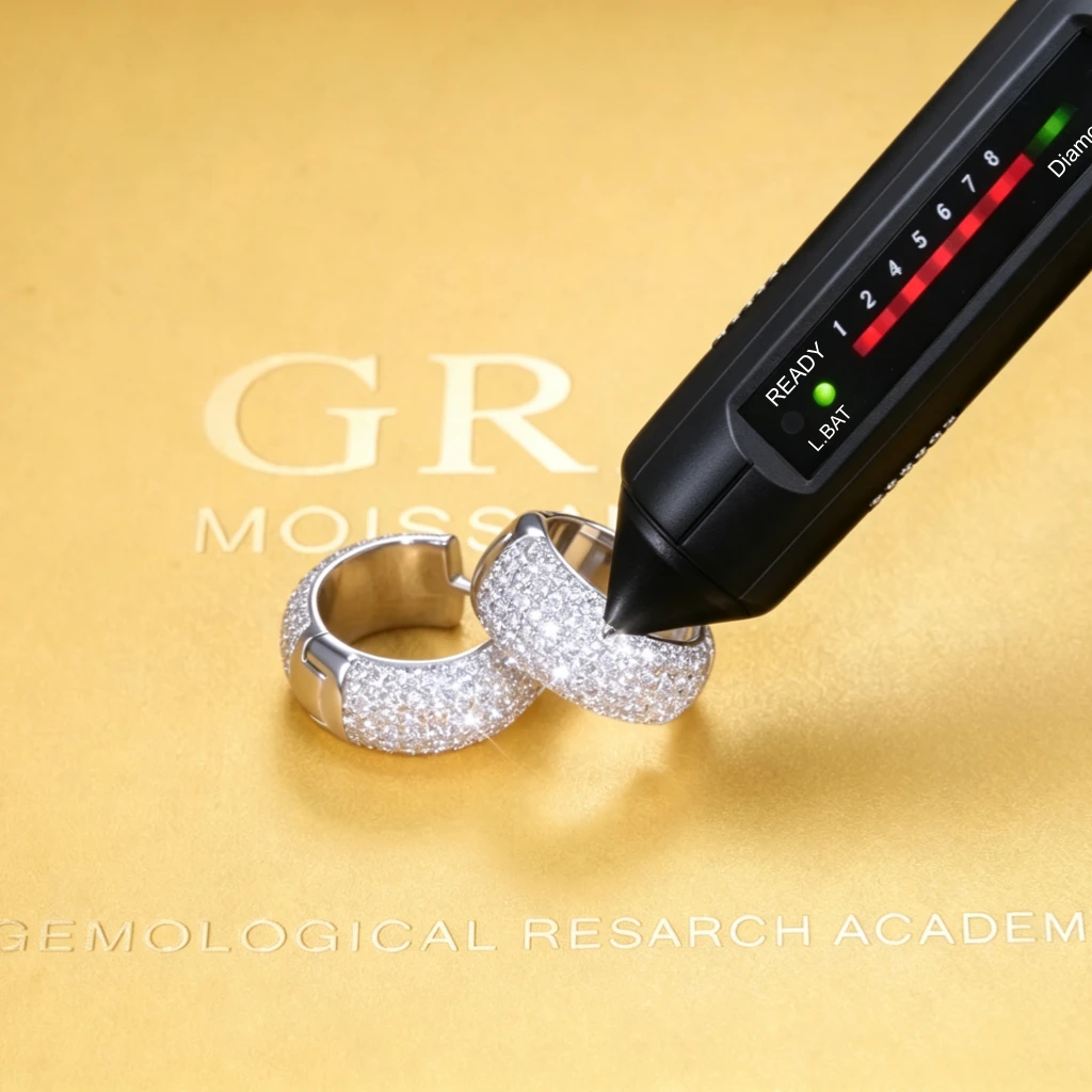 VVS1 Moissanite Wide Pavé Huggie Hoop Earrings verified with professional diamond tester pen on GRA branded golden background, thermal tester showing positive moissanite reading, pair of full iced click‑lock huggie hoops crafted in 925 sterling silver white gold plated, dense pave‑set VVS1 moissanite stones with brilliant sparkle, authenticity certification test shot for hip‑hop men bling jewelry, RDRIP JEWELRY
