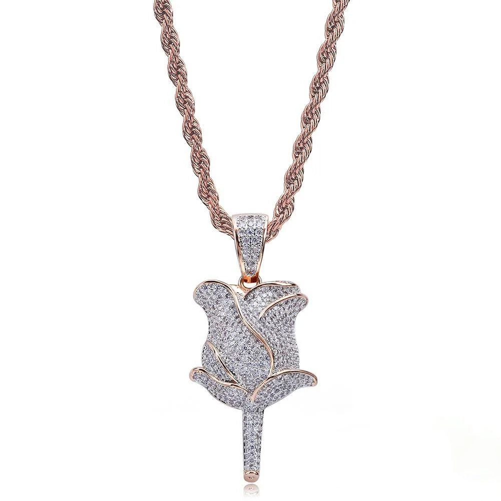 Studio shot on clean white background of bling fully paved rose flower pendant paired with rose gold twist rope chain, iced out hip hop necklace in rose gold tone encrusted with flawless vvs simulated diamonds, unisex hiphop streetwear rose charm jewelry RDRIP JEWELRY SINCE 2016
