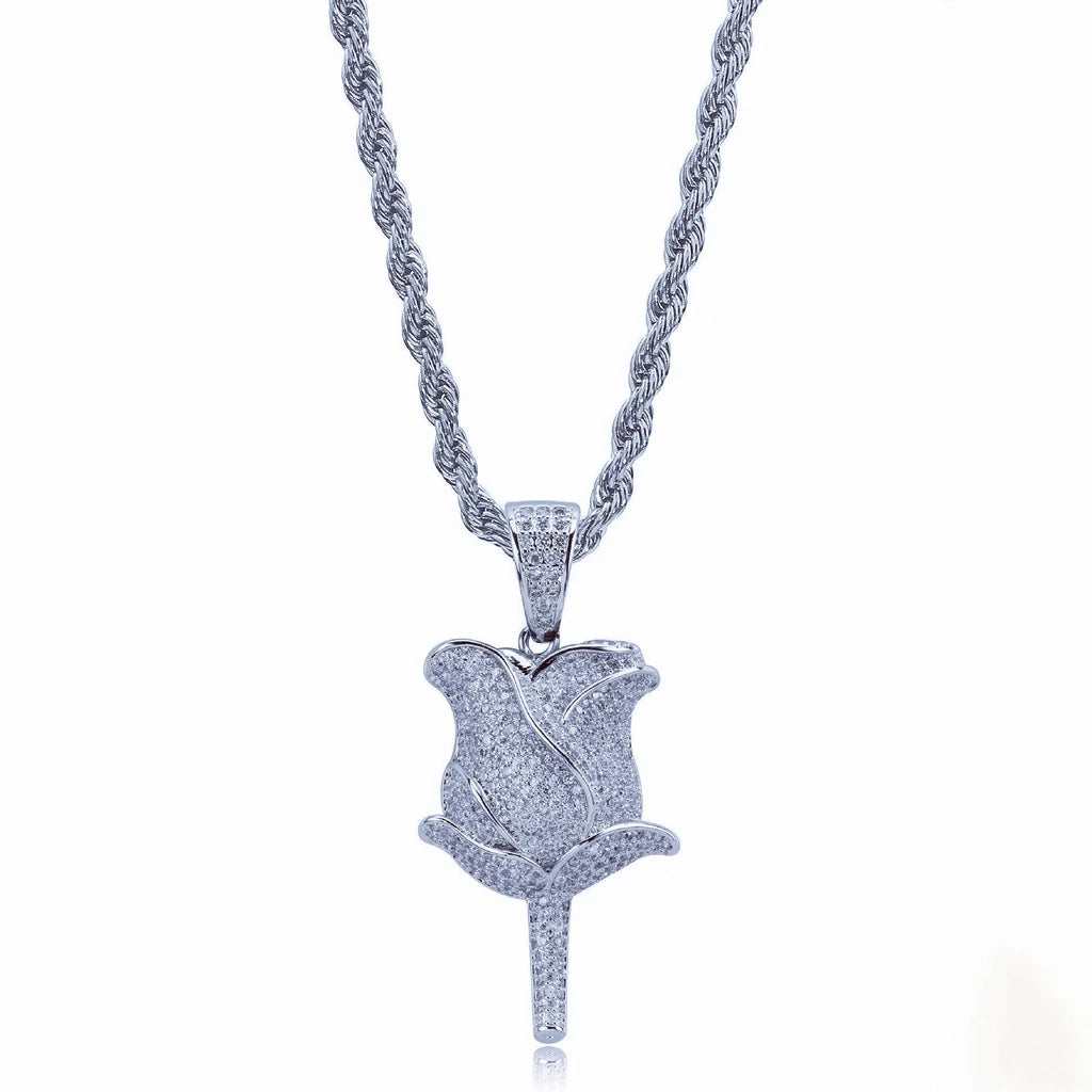 Clean white background studio shot of silver tone bling fully paved rose flower pendant with twist rope chain, iced out hip hop necklace densely set with flawless vvs simulated diamonds, unisex silver hiphop street charm pendant jewelry RDRIP JEWELRY SINCE 2016
