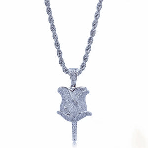 Clean white background studio shot of silver tone bling fully paved rose flower pendant with twist rope chain, iced out hip hop necklace densely set with flawless vvs simulated diamonds, unisex silver hiphop street charm pendant jewelry RDRIP JEWELRY SINCE 2016
