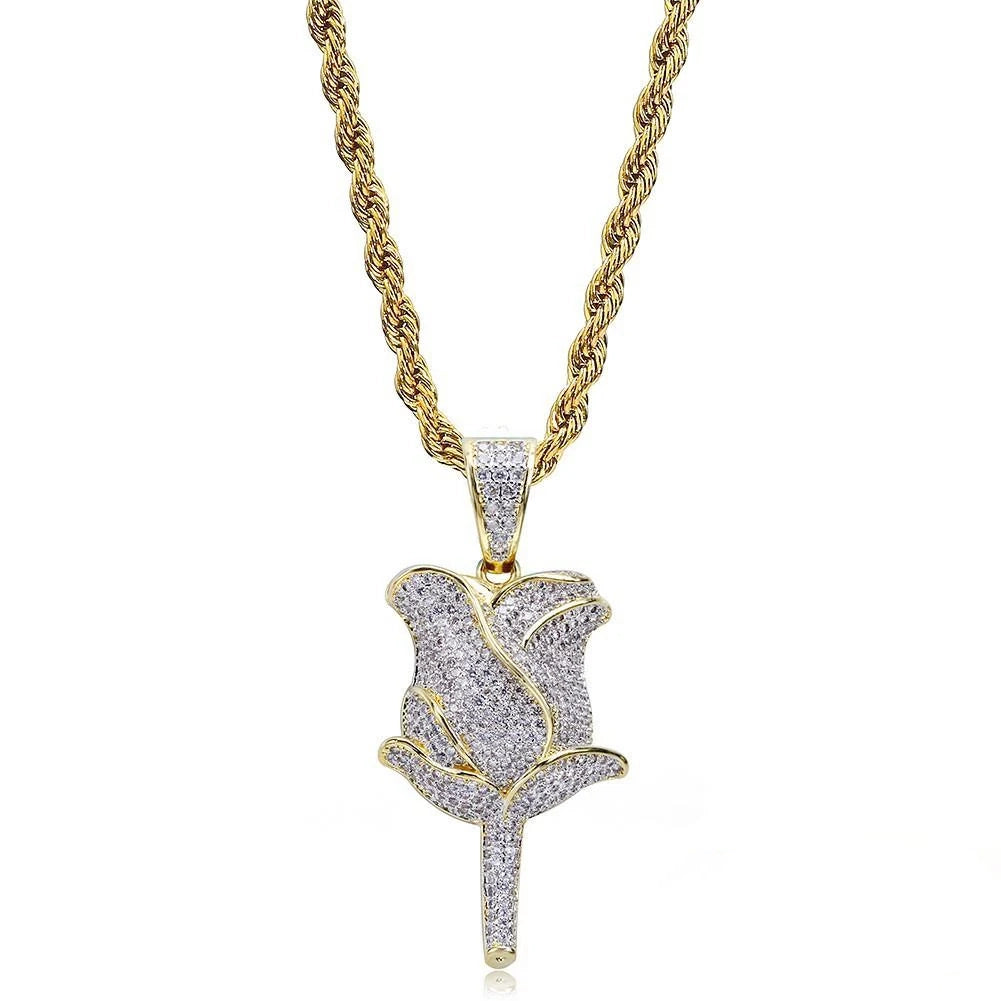 High resolution studio product shot on pure white background, gold tone bling fully paved rose flower pendant matched with gold twist rope chain, iced out hip hop necklace fully encrusted with flawless vvs simulated diamonds, luxury unisex hiphop streetwear rose charm pendant jewelry RDRIP JEWELRY SINCE 2016
