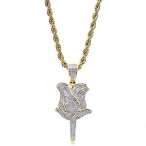 High resolution studio product shot on pure white background, gold tone bling fully paved rose flower pendant matched with gold twist rope chain, iced out hip hop necklace fully encrusted with flawless vvs simulated diamonds, luxury unisex hiphop streetwear rose charm pendant jewelry RDRIP JEWELRY SINCE 2016
